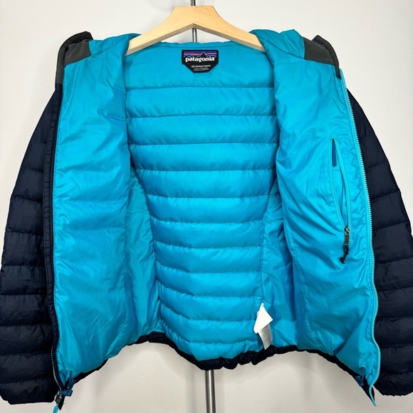 Patagonia Down Sweater Hoody Puffer Jacket Navy / Turquoise Blue Women’s XS - Picture 12 of 14